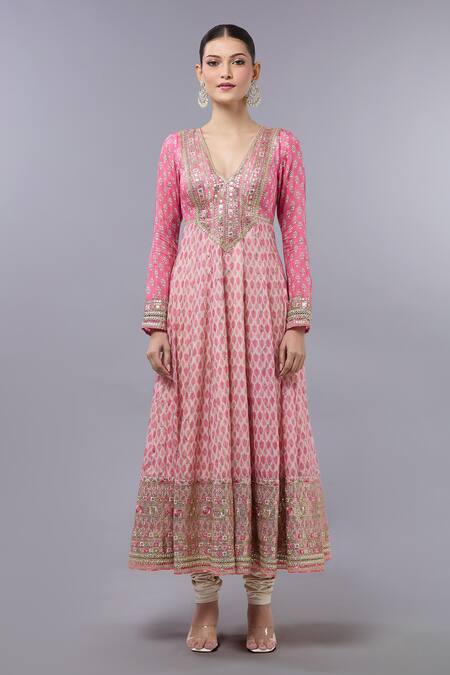 Buy Gopi Vaid Pink Cotton, Silk, Lycra, Net Sequins, Embroidery V-neck Designer Anarkali Set Online at Aza Fashions Buy_Gopi Vaid_Pink Cotton, Silk, Lycra, Net Sequins, Embroidery V-neck Designer Anarkali Set _Online_at_Aza_Fashions