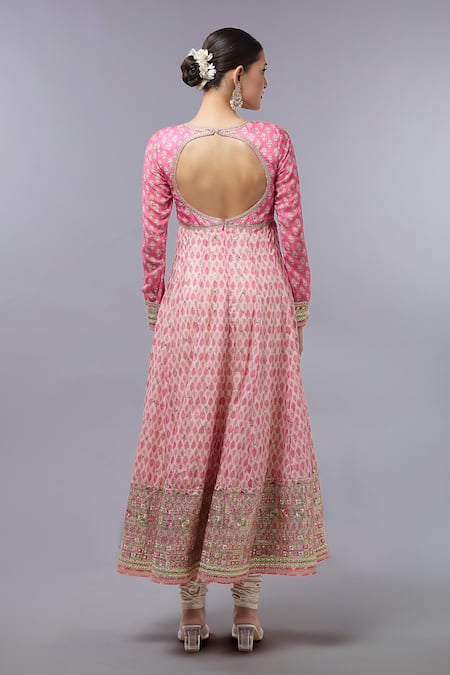 Shop Gopi Vaid Pink Cotton, Silk, Lycra, Net Sequins, Embroidery V-neck Designer Anarkali Set at Aza Fashions Shop_Gopi Vaid_Pink Cotton, Silk, Lycra, Net Sequins, Embroidery V-neck Designer Anarkali Set _at_Aza_Fashions