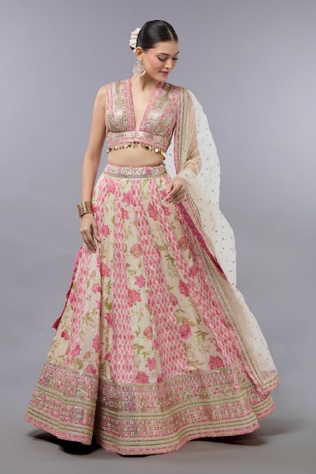 Gopi Vaid Floral Embroidered Ivory Lehenga Set 