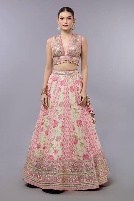 Gopi Vaid_Ivory Cotton, Silk, Net Sequins, Embroidery V-neck Floral Lehenga Set _Online_at_Aza_Fashions