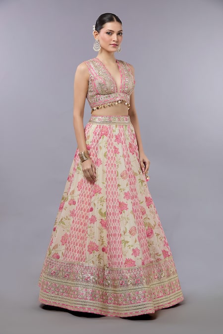 Shop_Gopi Vaid_Ivory Cotton, Silk, Net Sequins, Embroidery V-neck Floral Lehenga Set _Online_at_Aza_Fashions