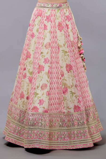 Gopi Vaid_Ivory Cotton, Silk, Net Sequins, Embroidery V-neck Floral Lehenga Set _at_Aza_Fashions