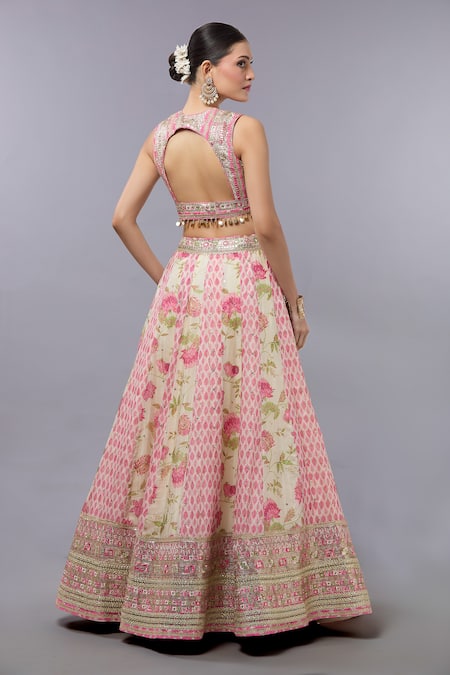 Gopi Vaid Floral Embroidered Ivory Lehenga Set 