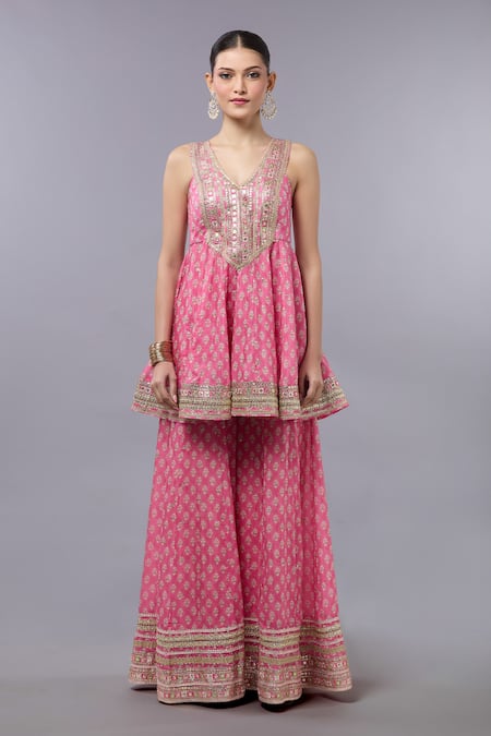 Shop_Gopi Vaid_Pink Cotton, Silk, Net Sequins, Embroidery Designer Kurta Set With Dupatta _Online_at_Aza_Fashions
