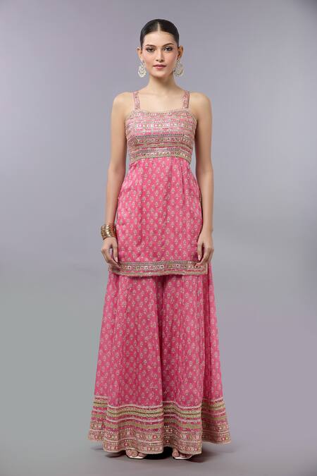 Buy Gopi Vaid Pink Cotton, Silk, Net Zari, Embroidery Open Neck Kurta Sharara Set Online at Aza Fashions Buy_Gopi Vaid_Pink Cotton, Silk, Net Zari, Embroidery Open Neck Kurta Sharara Set _Online_at_Aza_Fashions