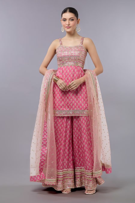 Gopi Vaid Pink Cotton Silk Kurta Sharara Set 