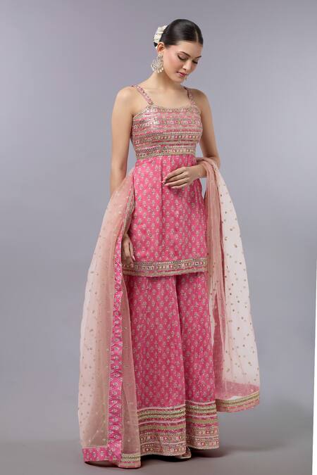 Gopi Vaid Pink Cotton, Silk, Net Zari, Embroidery Open Neck Kurta Sharara Set at Aza Fashions Gopi Vaid_Pink Cotton, Silk, Net Zari, Embroidery Open Neck Kurta Sharara Set _at_Aza_Fashions