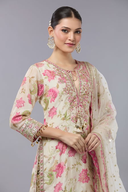 Gopi Vaid_Ivory Cotton, Silk, Net Embroidery, Sequins Floral Print Kurta Set With Sharara _Online_at_Aza_Fashions