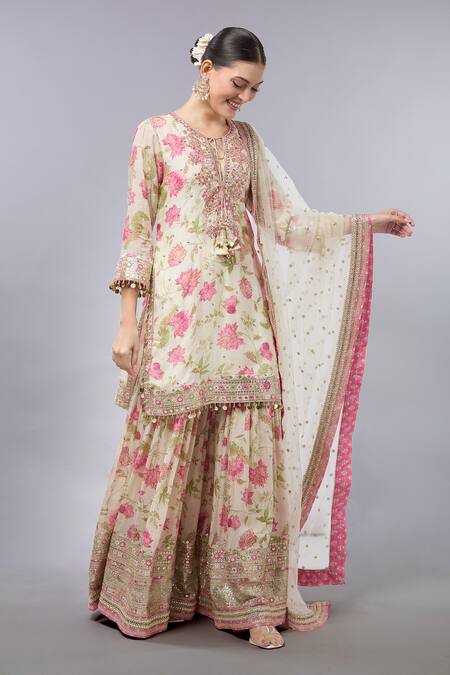 Buy_Gopi Vaid_Ivory Cotton, Silk, Net Embroidery, Sequins Floral Print Kurta Set With Sharara _Online_at_Aza_Fashions