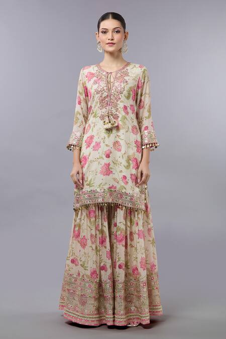 Gopi Vaid_Ivory Cotton, Silk, Net Embroidery, Sequins Floral Print Kurta Set With Sharara _at_Aza_Fashions