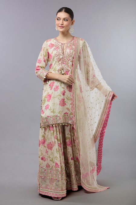 Gopi Vaid Floral Print Kurta Set With Sharara 