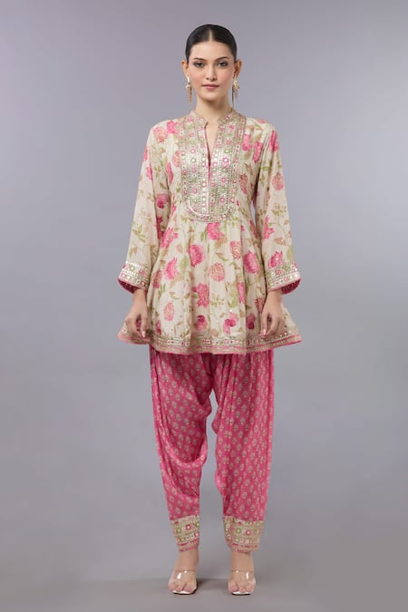 Gopi Vaid Floral Anarkali with Pink Salwar Set 