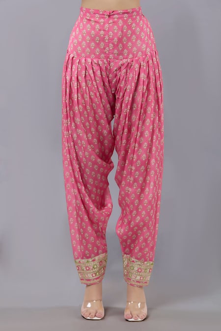 Gopi Vaid_Beige Cotton Embroidery Split V-neck Floral Anarkali With Pink Salwar Set _Online_at_Aza_Fashions