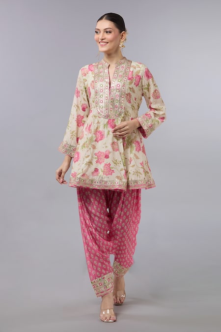 Buy_Gopi Vaid_Beige Cotton Embroidery Split V-neck Floral Anarkali With Pink Salwar Set _Online_at_Aza_Fashions