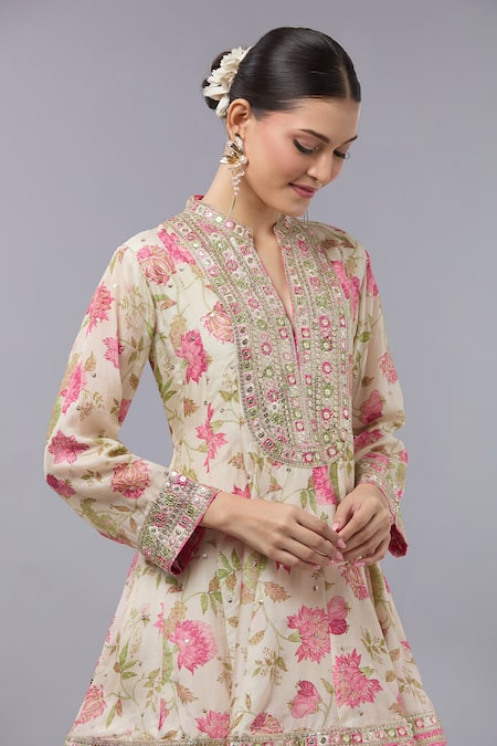 Shop_Gopi Vaid_Beige Cotton Embroidery Split V-neck Floral Anarkali With Pink Salwar Set _Online_at_Aza_Fashions