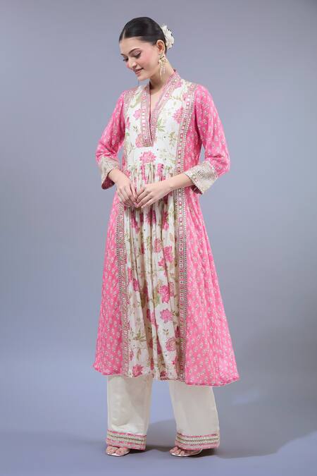 Shop Gopi Vaid Pink Cotton, Silk, Linen, Satin Embroidery Floral Print Anarkali Palazzo Set Online at Aza Fashions Shop_Gopi Vaid_Pink Cotton, Silk, Linen, Satin Embroidery Floral Print Anarkali Palazzo Set _Online_at_Aza_Fashions