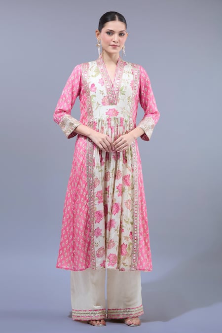 Gopi Vaid Pink Floral Print Anarkali Palazzo Set 