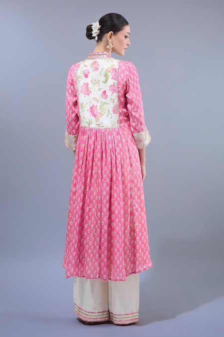 Gopi Vaid Pink Floral Print Anarkali Palazzo Set 