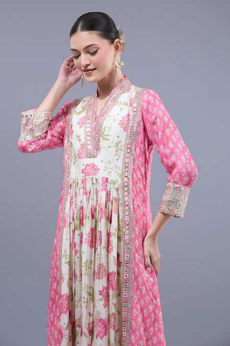 Gopi Vaid Pink Cotton, Silk, Linen, Satin Embroidery Floral Print Anarkali Palazzo Set at Aza Fashions Gopi Vaid_Pink Cotton, Silk, Linen, Satin Embroidery Floral Print Anarkali Palazzo Set _at_Aza_Fashions
