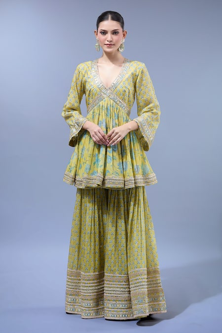 Gopi Vaid Yellow Georgette Anarkali Sharara Set 
