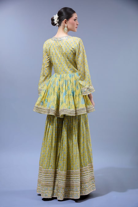 Shop Gopi Vaid Yellow Georgette, Cotton Embroidery V-neck Anarkali Sharara Set at Aza Fashions Shop_Gopi Vaid_Yellow Georgette, Cotton Embroidery V-neck Anarkali Sharara Set _at_Aza_Fashions