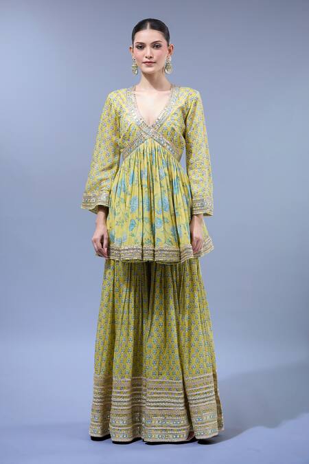 Gopi Vaid Yellow Georgette, Cotton Embroidery V-neck Anarkali Sharara Set Online at Aza Fashions Gopi Vaid_Yellow Georgette, Cotton Embroidery V-neck Anarkali Sharara Set _Online_at_Aza_Fashions