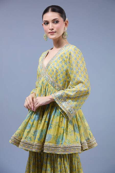 Buy Gopi Vaid Yellow Georgette, Cotton Embroidery V-neck Anarkali Sharara Set Online at Aza Fashions Buy_Gopi Vaid_Yellow Georgette, Cotton Embroidery V-neck Anarkali Sharara Set _Online_at_Aza_Fashions