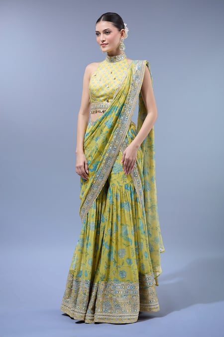 Gopi Vaid_Yellow Georgette, Cotton, Silk Sequins, Embroidery Designer Sharara Saree Set _Online_at_Aza_Fashions