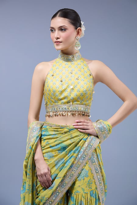 Buy_Gopi Vaid_Yellow Georgette, Cotton, Silk Sequins, Embroidery Designer Sharara Saree Set _Online_at_Aza_Fashions