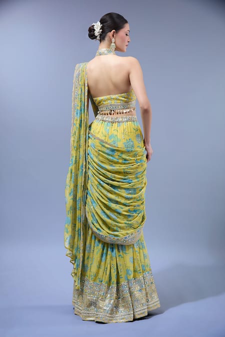 Gopi Vaid Designer Yellow Sharara Saree Set 