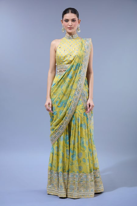 Shop_Gopi Vaid_Yellow Georgette, Cotton, Silk Sequins, Embroidery Designer Sharara Saree Set _Online_at_Aza_Fashions