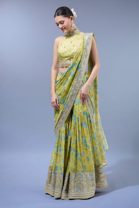 Gopi Vaid Designer Yellow Sharara Saree Set 