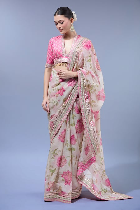 Gopi Vaid_Ivory Organza, Cotton, Silk, Lycra Sequins, Embroidery Floral Print Saree Set _Online_at_Aza_Fashions