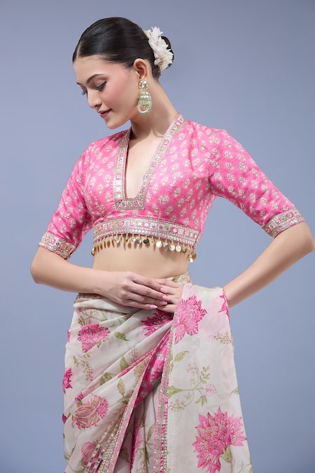 Buy_Gopi Vaid_Ivory Organza, Cotton, Silk, Lycra Sequins, Embroidery Floral Print Saree Set _Online_at_Aza_Fashions