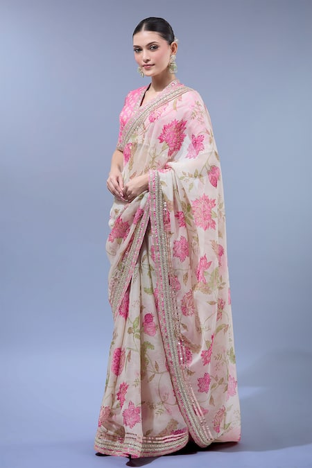 Shop_Gopi Vaid_Ivory Organza, Cotton, Silk, Lycra Sequins, Embroidery Floral Print Saree Set _Online_at_Aza_Fashions