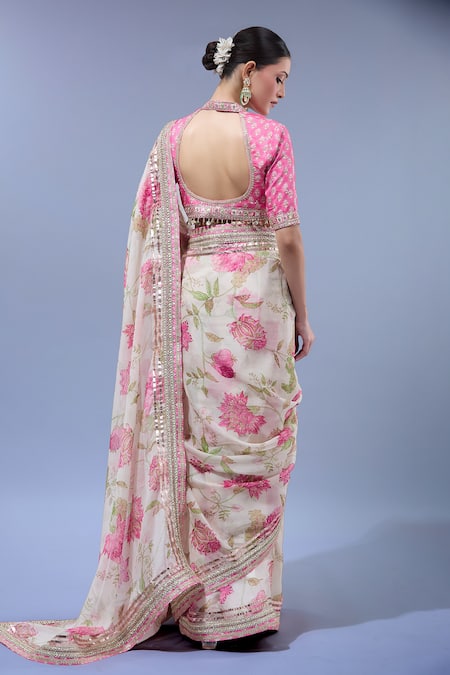 Gopi Vaid Floral Print Organza Saree Set 