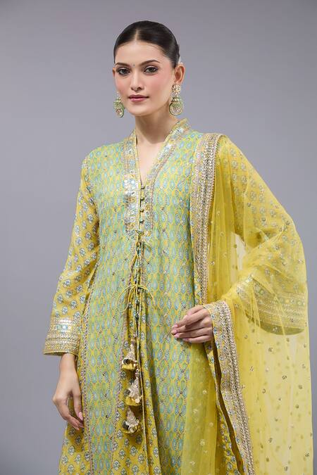 Gopi Vaid Yellow Cotton, Silk, Linen, Satin, Net Tassels, Sequins Split Designer Kurta Set Online at Aza Fashions Gopi Vaid_Yellow Cotton, Silk, Linen, Satin, Net Tassels, Sequins Split Designer Kurta Set _Online_at_Aza_Fashions