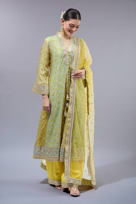 Buy Gopi Vaid Yellow Cotton, Silk, Linen, Satin, Net Tassels, Sequins Split Designer Kurta Set Online at Aza Fashions Buy_Gopi Vaid_Yellow Cotton, Silk, Linen, Satin, Net Tassels, Sequins Split Designer Kurta Set _Online_at_Aza_Fashions