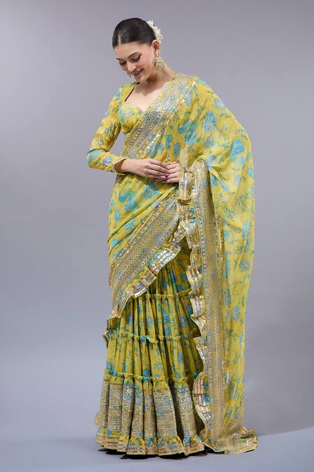 Buy_Gopi Vaid_Yellow Georgette, Cotton, Silk, Lycra Sequins, Designer Floral Pre-draped Saree_Online_at_Aza_Fashions