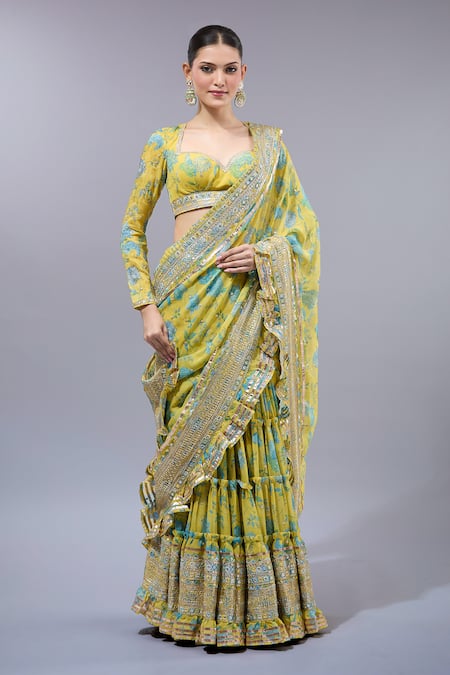 Gopi Vaid Designer Yellow Floral Pre-Draped Saree 