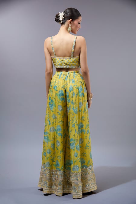 Gopi Vaid_Yellow Cotton, Silk Embroidery Sweetheart Neck, Round Floral Print Kurta Set _Online_at_Aza_Fashions