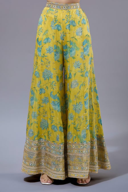 Buy_Gopi Vaid_Yellow Cotton, Silk Embroidery Sweetheart Neck, Round Floral Print Kurta Set _Online_at_Aza_Fashions