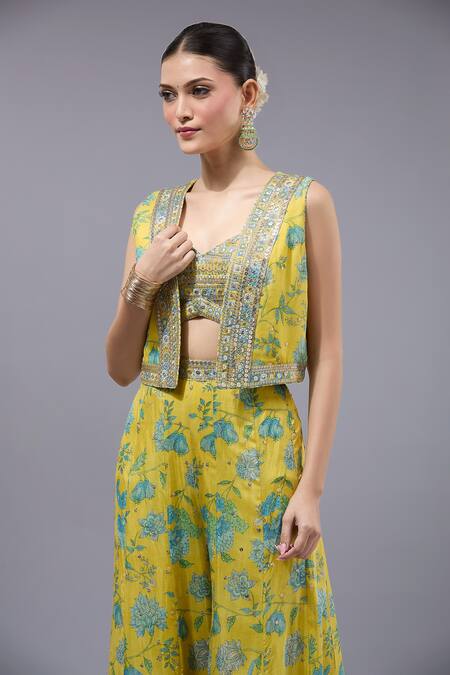 Shop_Gopi Vaid_Yellow Cotton, Silk Embroidery Sweetheart Neck, Round Floral Print Kurta Set _Online_at_Aza_Fashions