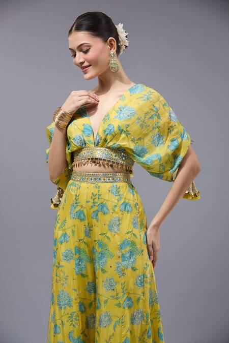 Gopi Vaid_Yellow Georgette, Cotton, Silk Tassels V-neck Floral Printed Palazzo Set _Online_at_Aza_Fashions