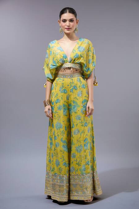 Buy_Gopi Vaid_Yellow Georgette, Cotton, Silk Tassels V-neck Floral Printed Palazzo Set _Online_at_Aza_Fashions