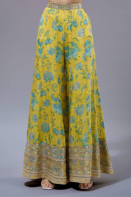 Shop_Gopi Vaid_Yellow Georgette, Cotton, Silk Tassels V-neck Floral Printed Palazzo Set _Online_at_Aza_Fashions