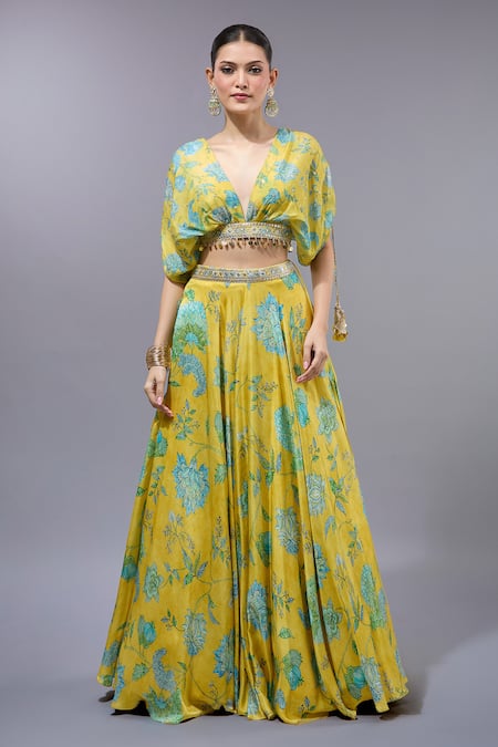 Gopi Vaid_Yellow Organza, Georgette Beads V-neck Floral Printed Lehenga Set _Online_at_Aza_Fashions
