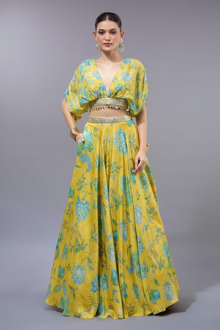 Buy_Gopi Vaid_Yellow Organza, Georgette Beads V-neck Floral Printed Lehenga Set _Online_at_Aza_Fashions