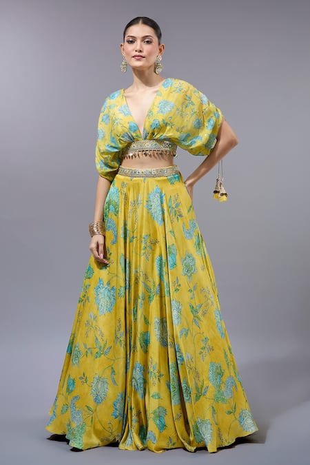 Gopi Vaid Floral Printed Yellow Lehenga Set 