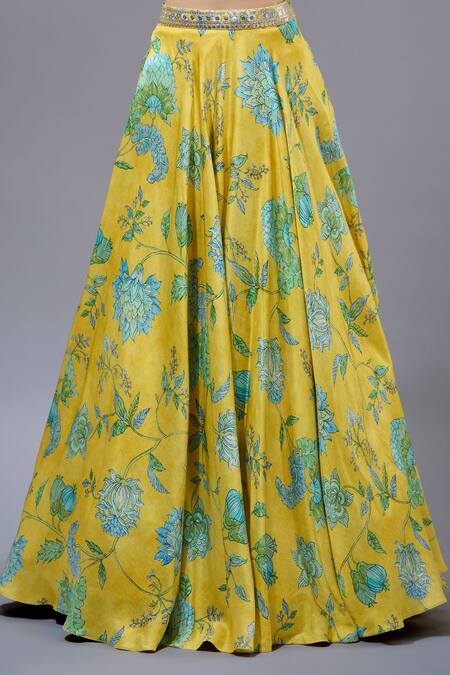 Shop_Gopi Vaid_Yellow Organza, Georgette Beads V-neck Floral Printed Lehenga Set _Online_at_Aza_Fashions